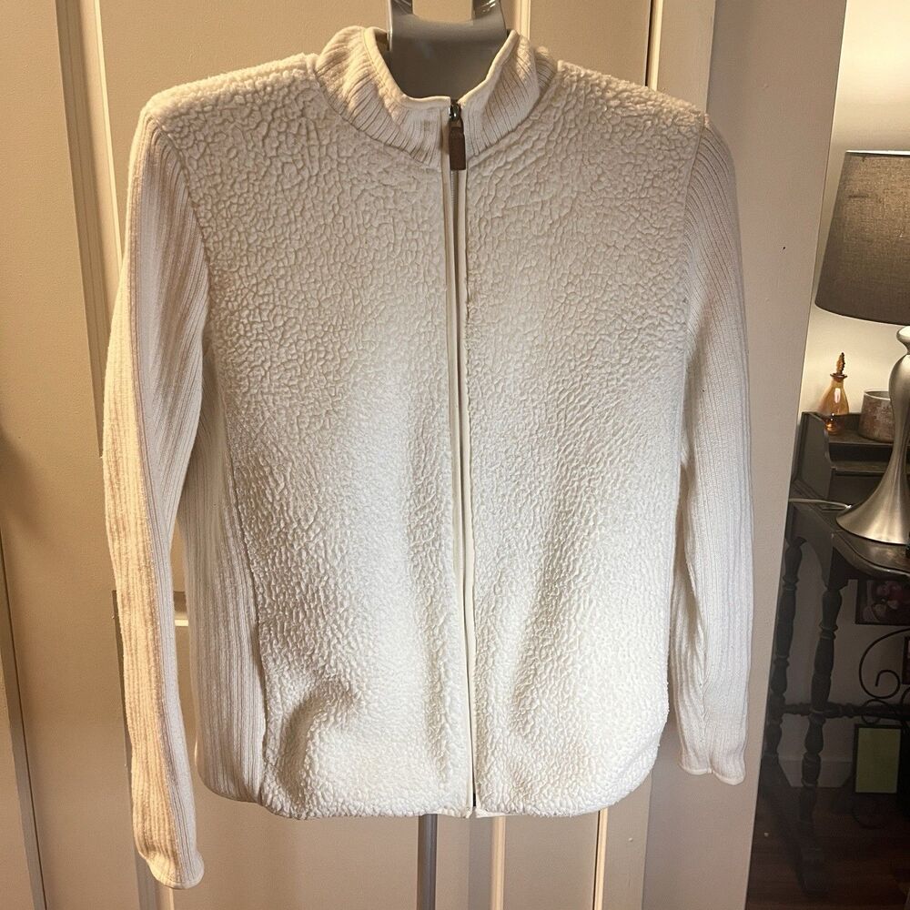Talbots Women’s Sherpa Sweater Full Zip Ribbed-Sleeves Jacket Ivory Color Large